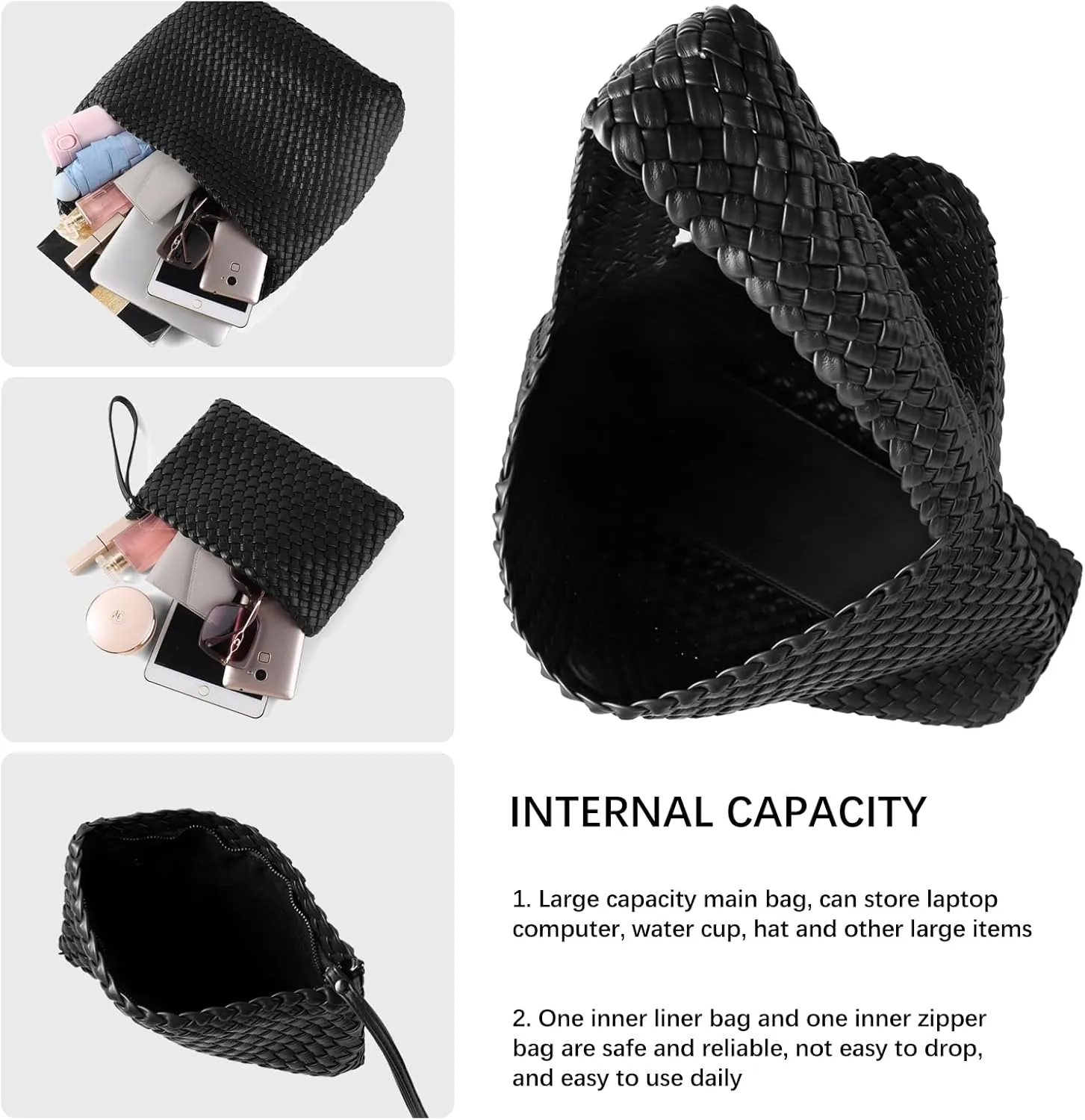 Women Vegan Leather Hand-Woven Tote Handbag Fashion All-Match Underarm Bag with Purse Soft Summer Hobo Tote Bag