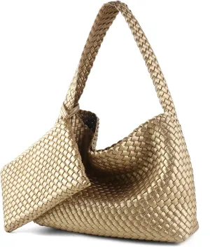 Women Vegan Leather Hand-Woven Tote Handbag Fashion All-Match Underarm Bag with Purse Soft Summer Hobo Tote Bag