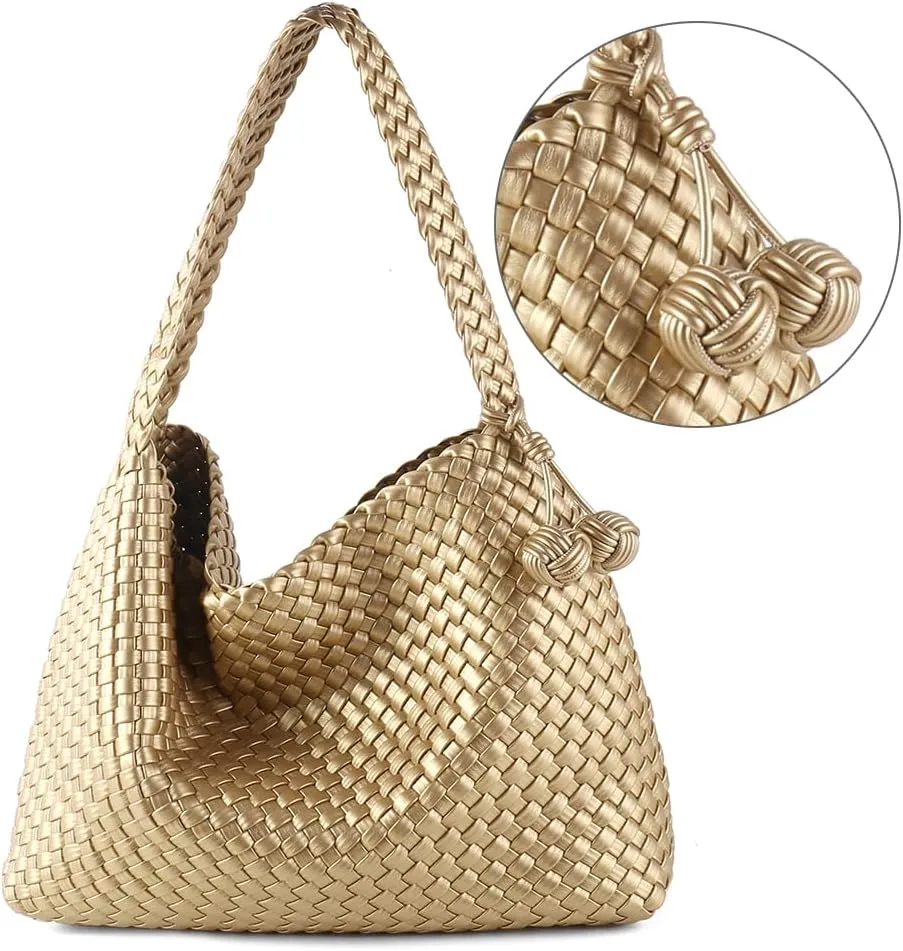 Women Vegan Leather Hand-Woven Tote Handbag Fashion All-Match Underarm Bag with Purse Soft Summer Hobo Tote Bag
