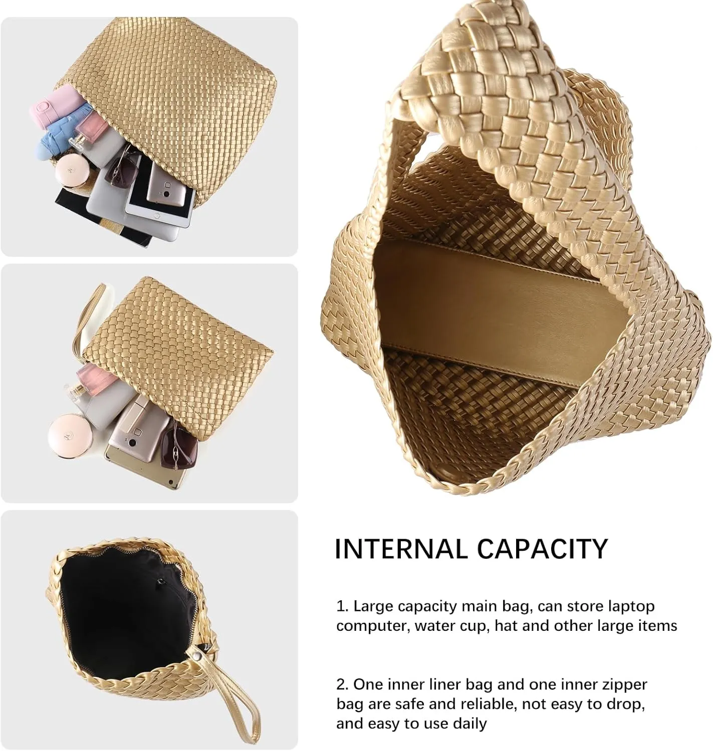 Women Vegan Leather Hand-Woven Tote Handbag Fashion All-Match Underarm Bag with Purse Soft Summer Hobo Tote Bag