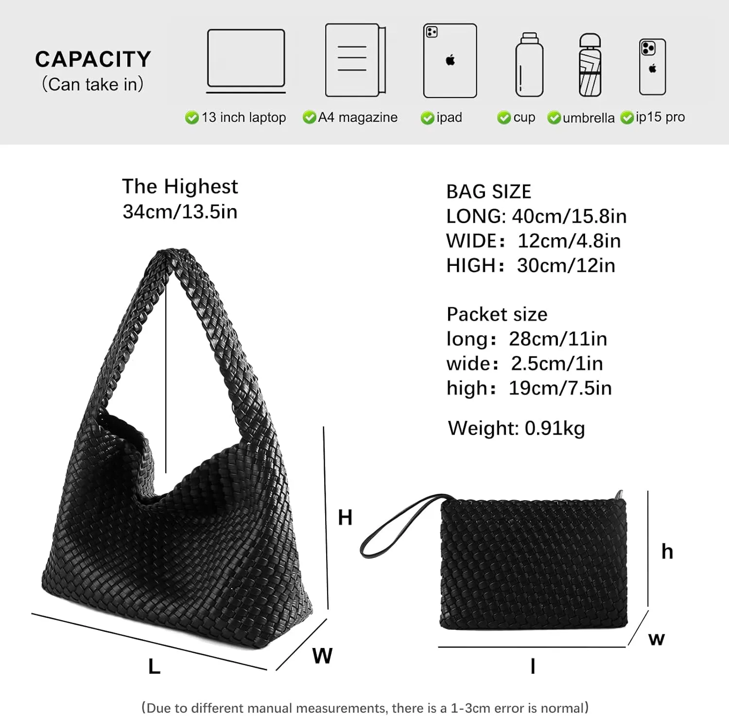 Women Vegan Leather Hand-Woven Tote Handbag Fashion All-Match Underarm Bag with Purse Soft Summer Hobo Tote Bag
