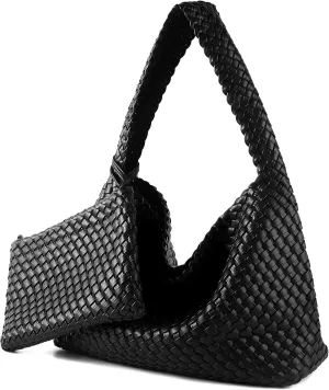 Women Vegan Leather Hand-Woven Tote Handbag Fashion All-Match Underarm Bag with Purse Soft Summer Hobo Tote Bag