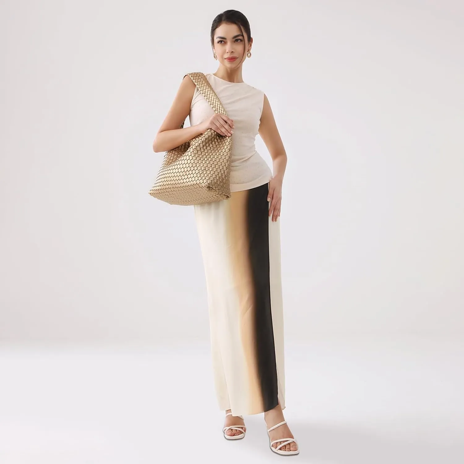 Women Vegan Leather Hand-Woven Tote Handbag Fashion All-Match Underarm Bag with Purse Soft Summer Hobo Tote Bag