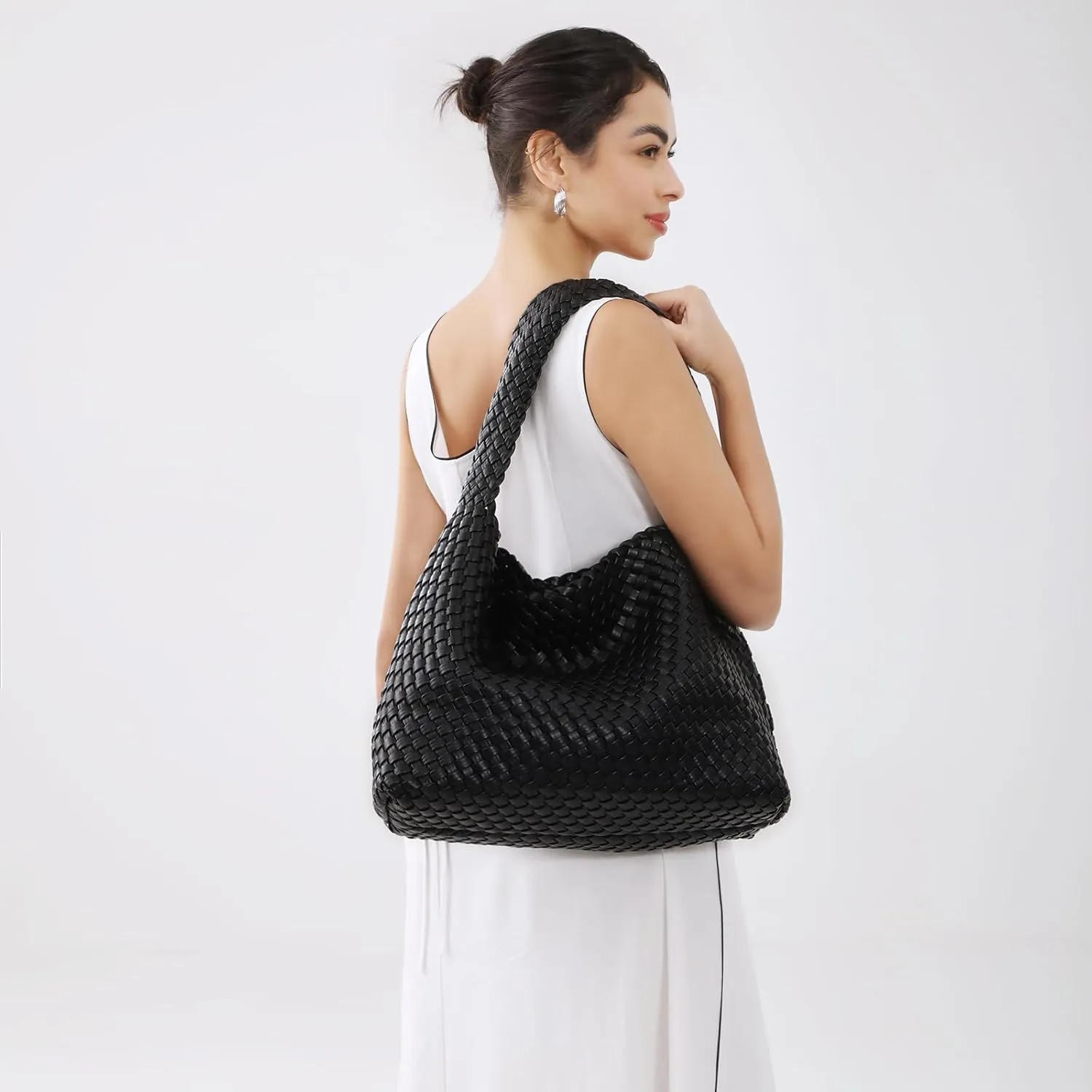 Women Vegan Leather Hand-Woven Tote Handbag Fashion All-Match Underarm Bag with Purse Soft Summer Hobo Tote Bag