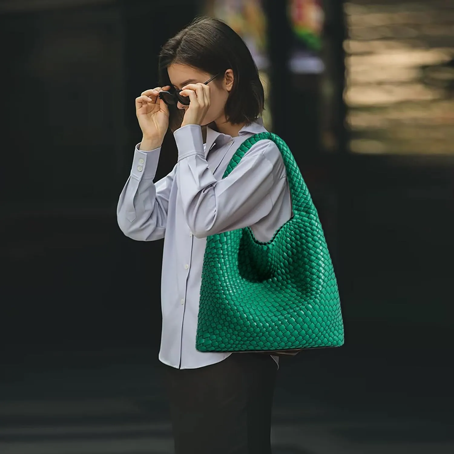 Women Vegan Leather Hand-Woven Tote Handbag Fashion Shoulder Top-handle Bag All-Match Underarm Bag with Purse