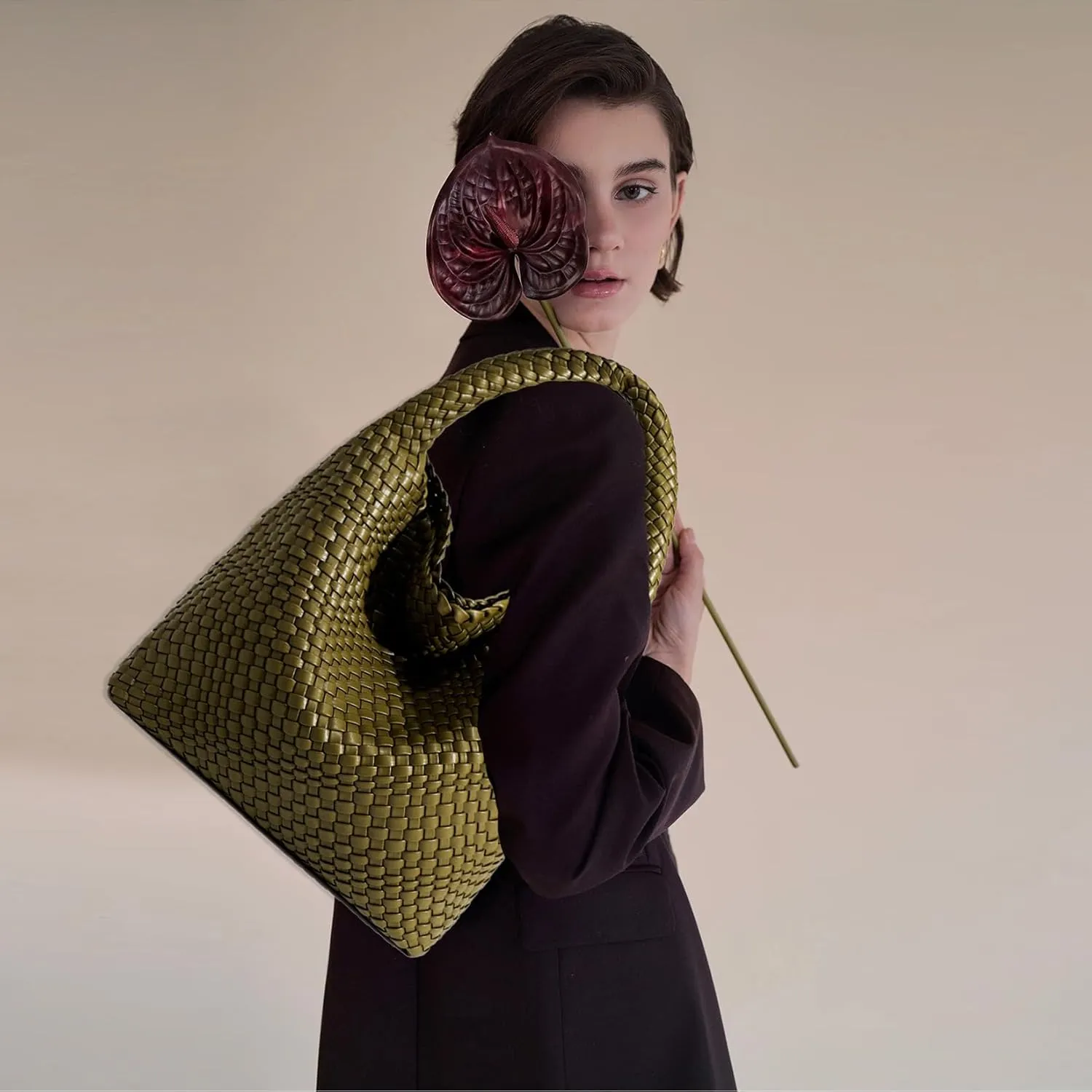 Women Vegan Leather Hand-Woven Tote Handbag Fashion Shoulder Top-handle Bag All-Match Underarm Bag with Purse