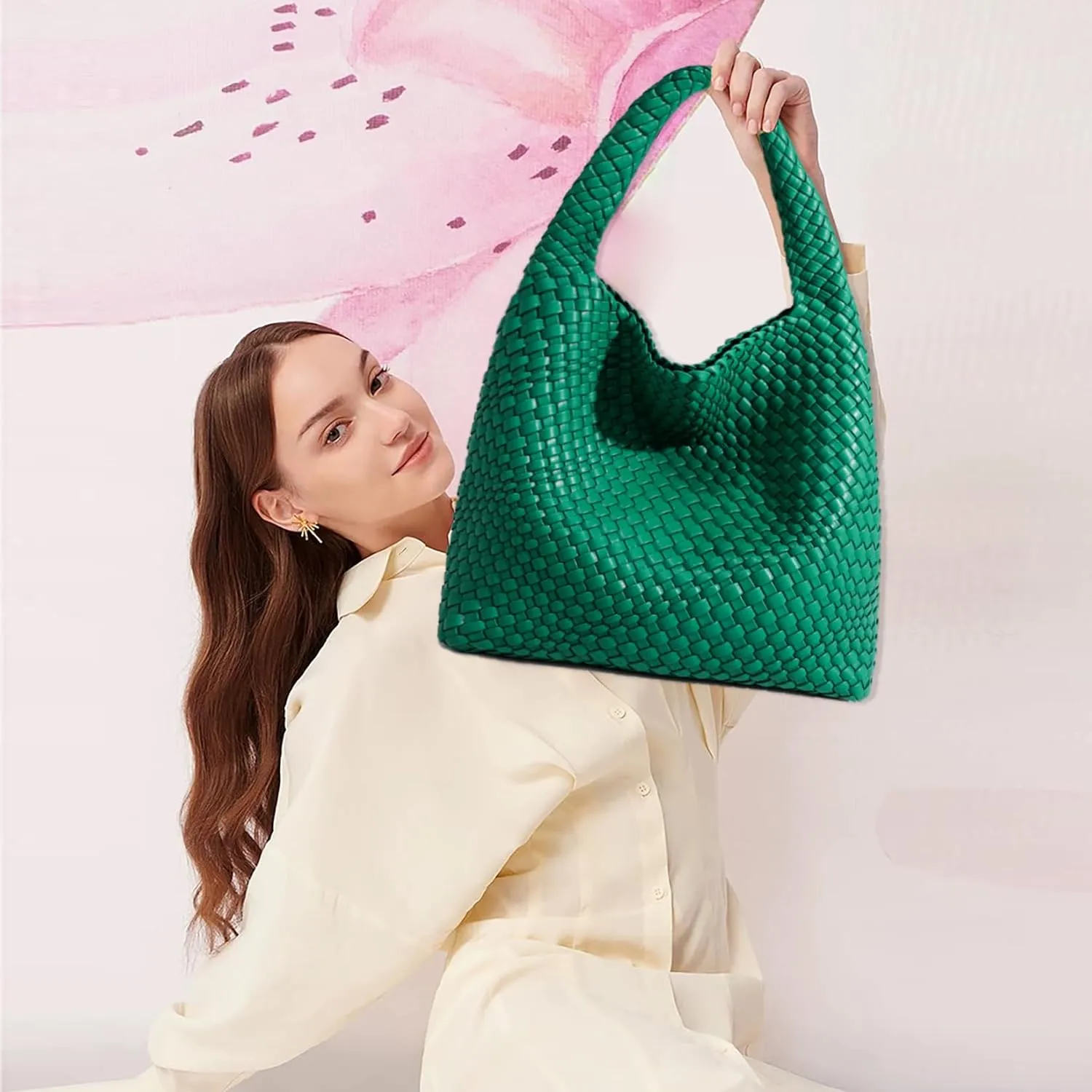 Women Vegan Leather Hand-Woven Tote Handbag Fashion Shoulder Top-handle Bag All-Match Underarm Bag with Purse