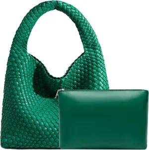 Women Vegan Leather Hand-Woven Tote Handbag Fashion Shoulder Top-handle Bag All-Match Underarm Bag with Purse