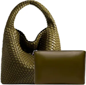 Women Vegan Leather Hand-Woven Tote Handbag Fashion Shoulder Top-handle Bag All-Match Underarm Bag with Purse