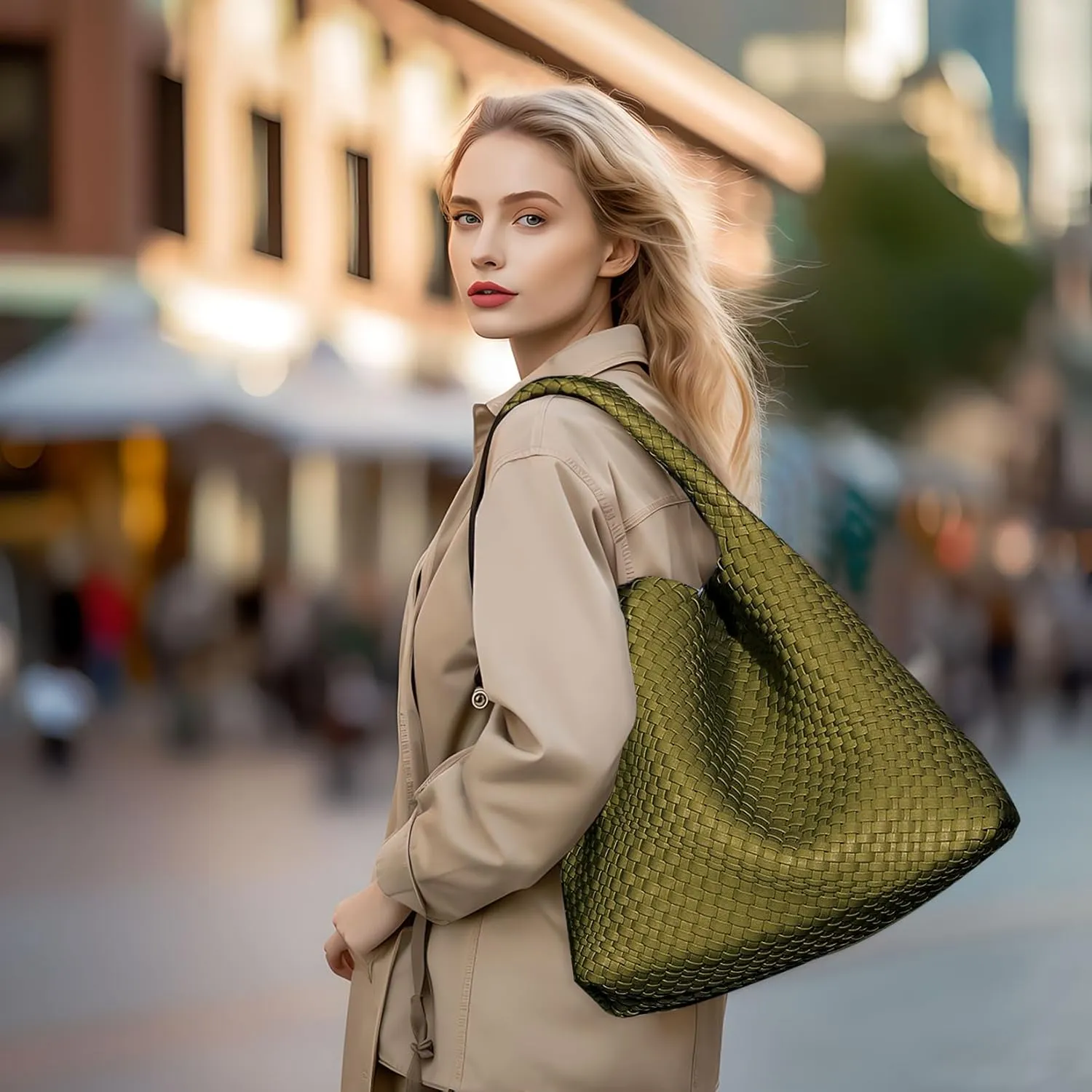 Women Vegan Leather Hand-Woven Tote Handbag Fashion Shoulder Top-handle Bag All-Match Underarm Bag with Purse