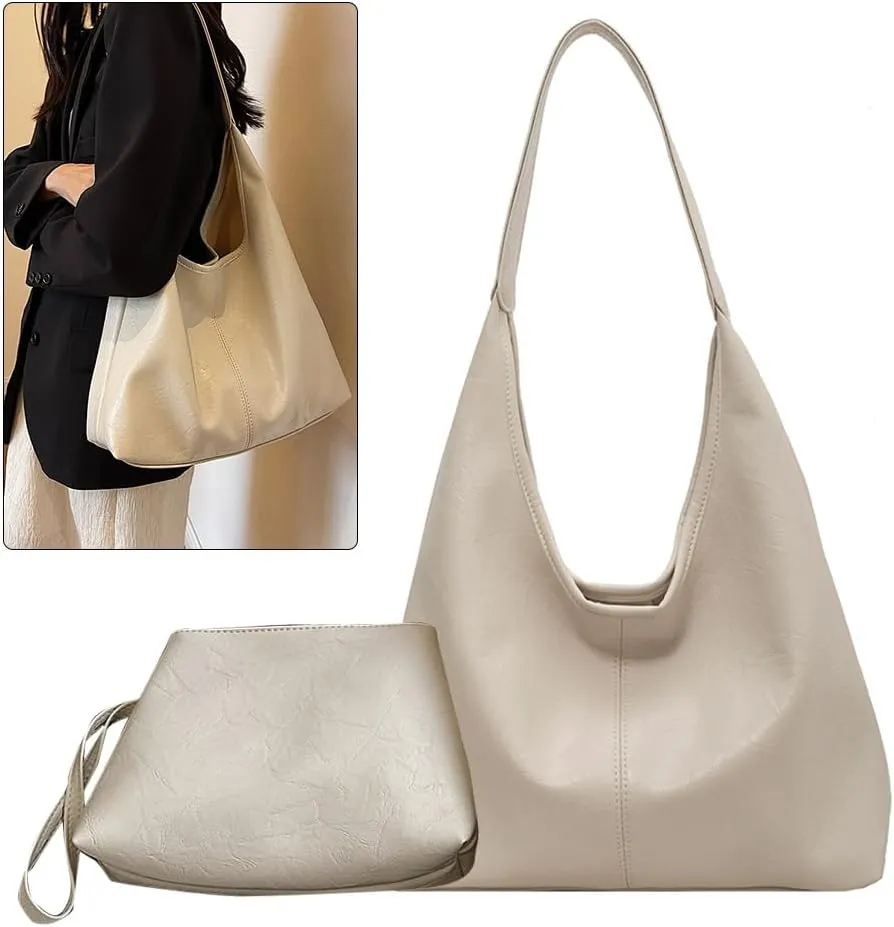 Women Vintage Hobo Bag Casual PU Leather Shoulder Bag Large Capacity Retro Tote Handbag Soft Underarm Bag Daily Dat