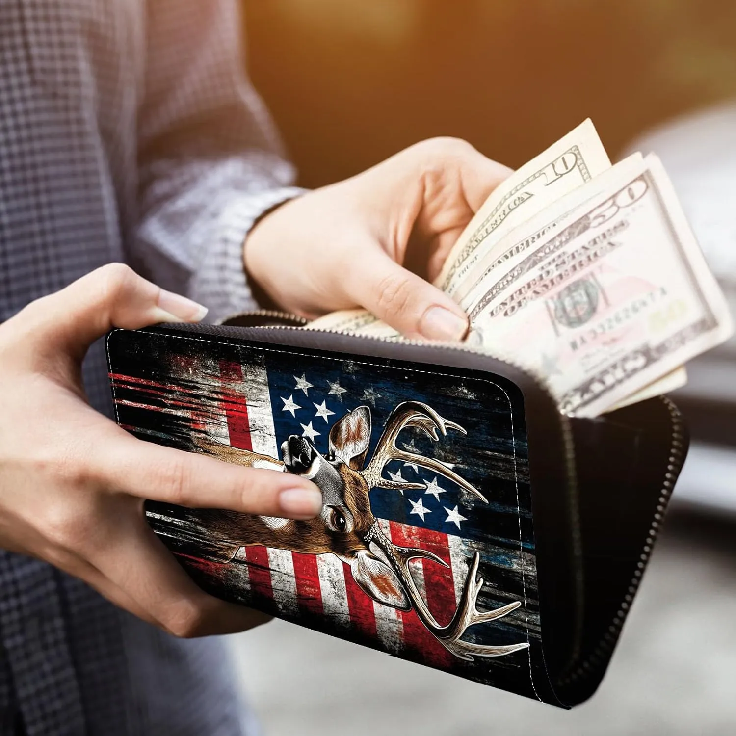 Women Wallet,RFID Blocking Leather Clutch,Large Capacity Zip Around Purse with Multiple Card Slots & Cash Compartments - American Flag Deer