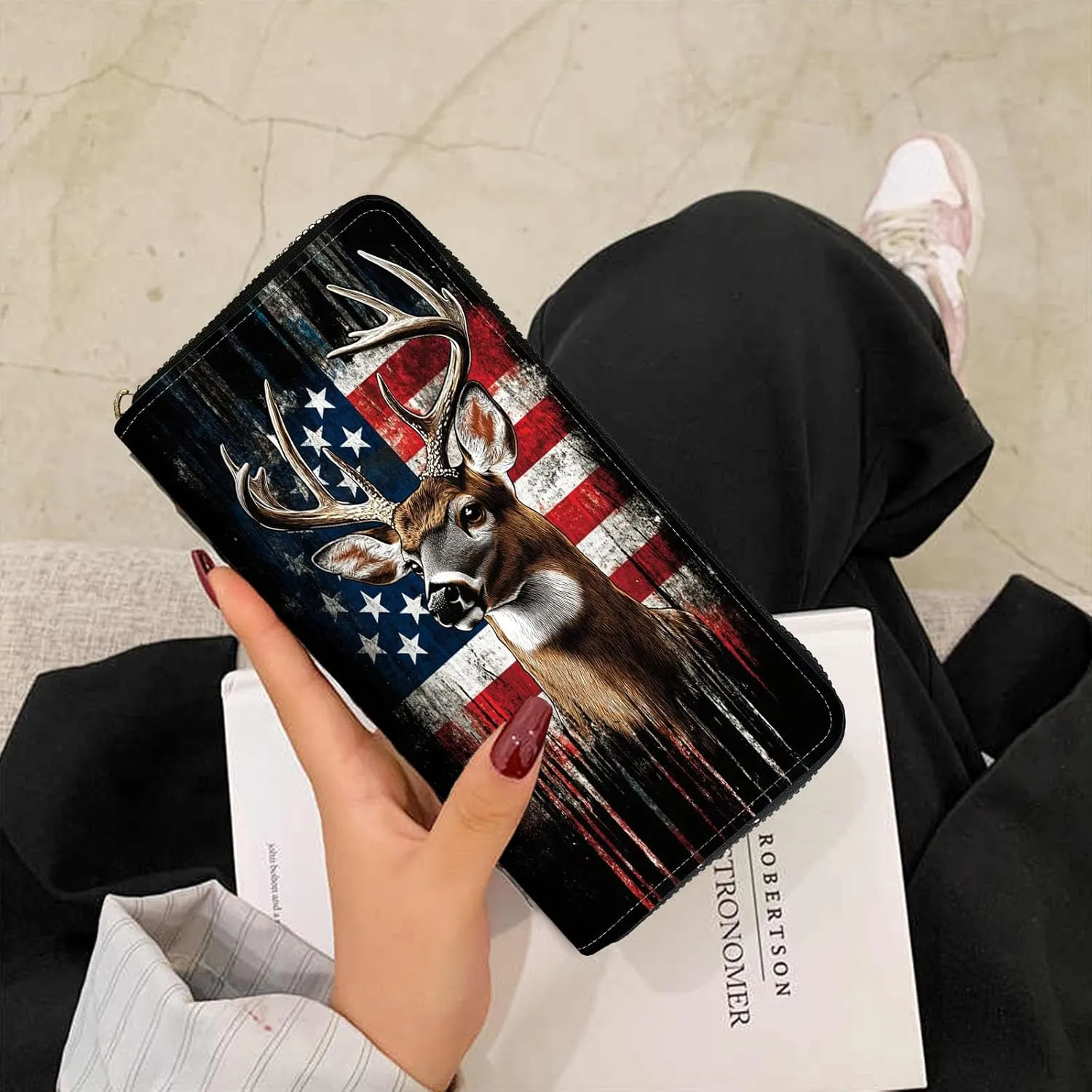 Women Wallet,RFID Blocking Leather Clutch,Large Capacity Zip Around Purse with Multiple Card Slots & Cash Compartments - American Flag Deer