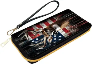 Women Wallet,RFID Blocking Leather Clutch,Large Capacity Zip Around Purse with Multiple Card Slots & Cash Compartments - American Flag Deer