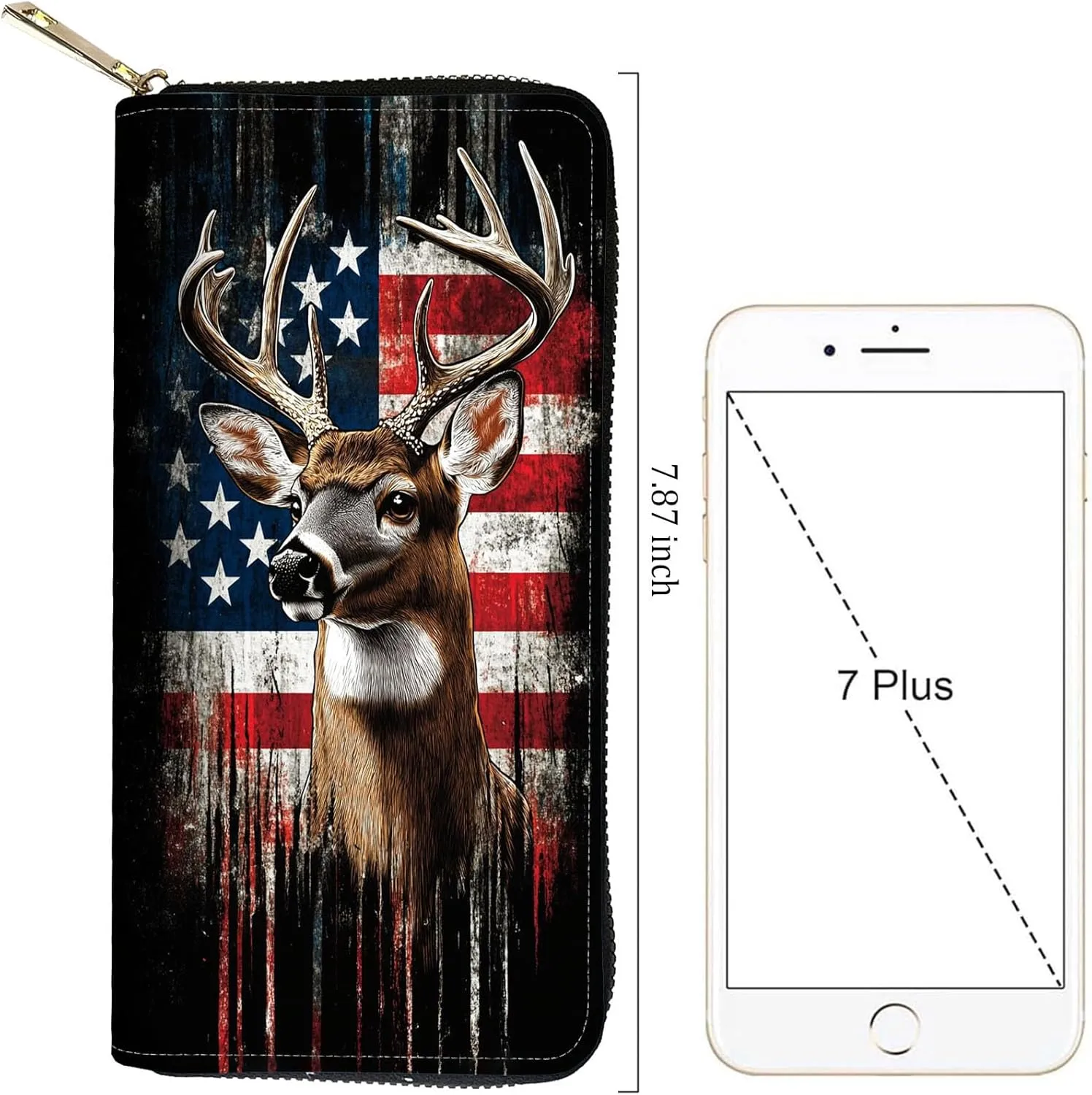 Women Wallet,RFID Blocking Leather Clutch,Large Capacity Zip Around Purse with Multiple Card Slots & Cash Compartments - American Flag Deer