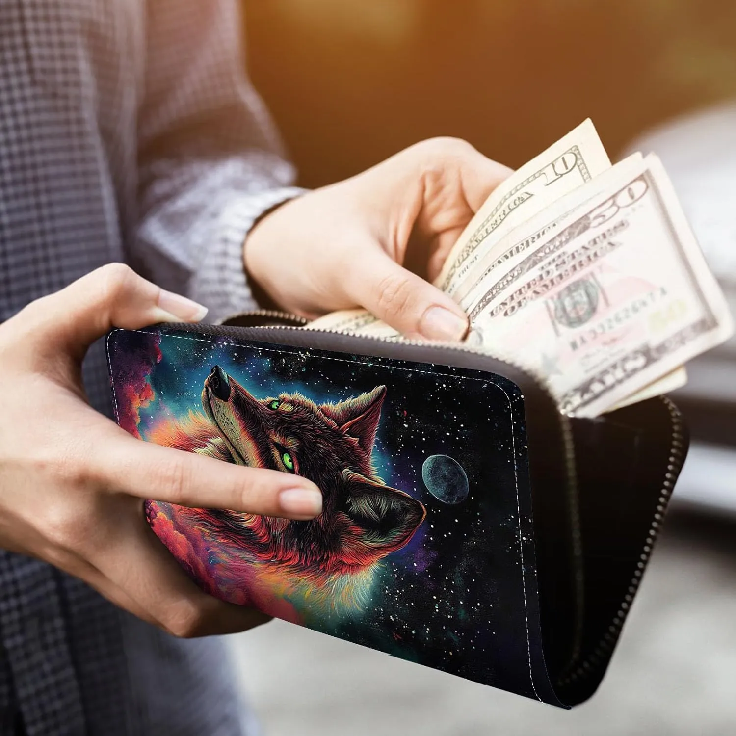 Women Wallet,RFID Blocking Leather Clutch,Large Capacity Zip Around Purse with Multiple Card Slots & Cash Compartments - Nebular Wolf