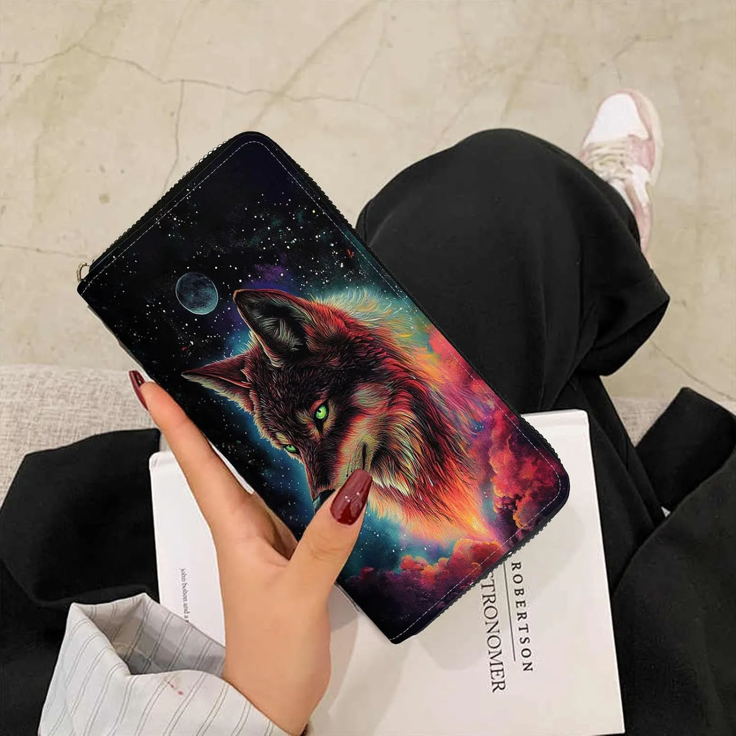 Women Wallet,RFID Blocking Leather Clutch,Large Capacity Zip Around Purse with Multiple Card Slots & Cash Compartments - Nebular Wolf