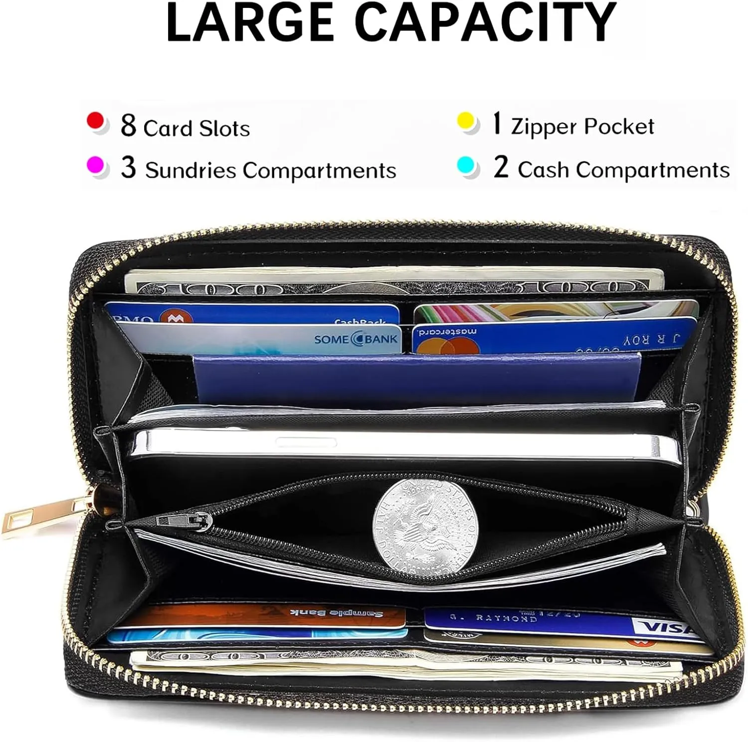 Women Wallet,RFID Blocking Leather Clutch,Large Capacity Zip Around Purse with Multiple Card Slots & Cash Compartments - Nebular Wolf