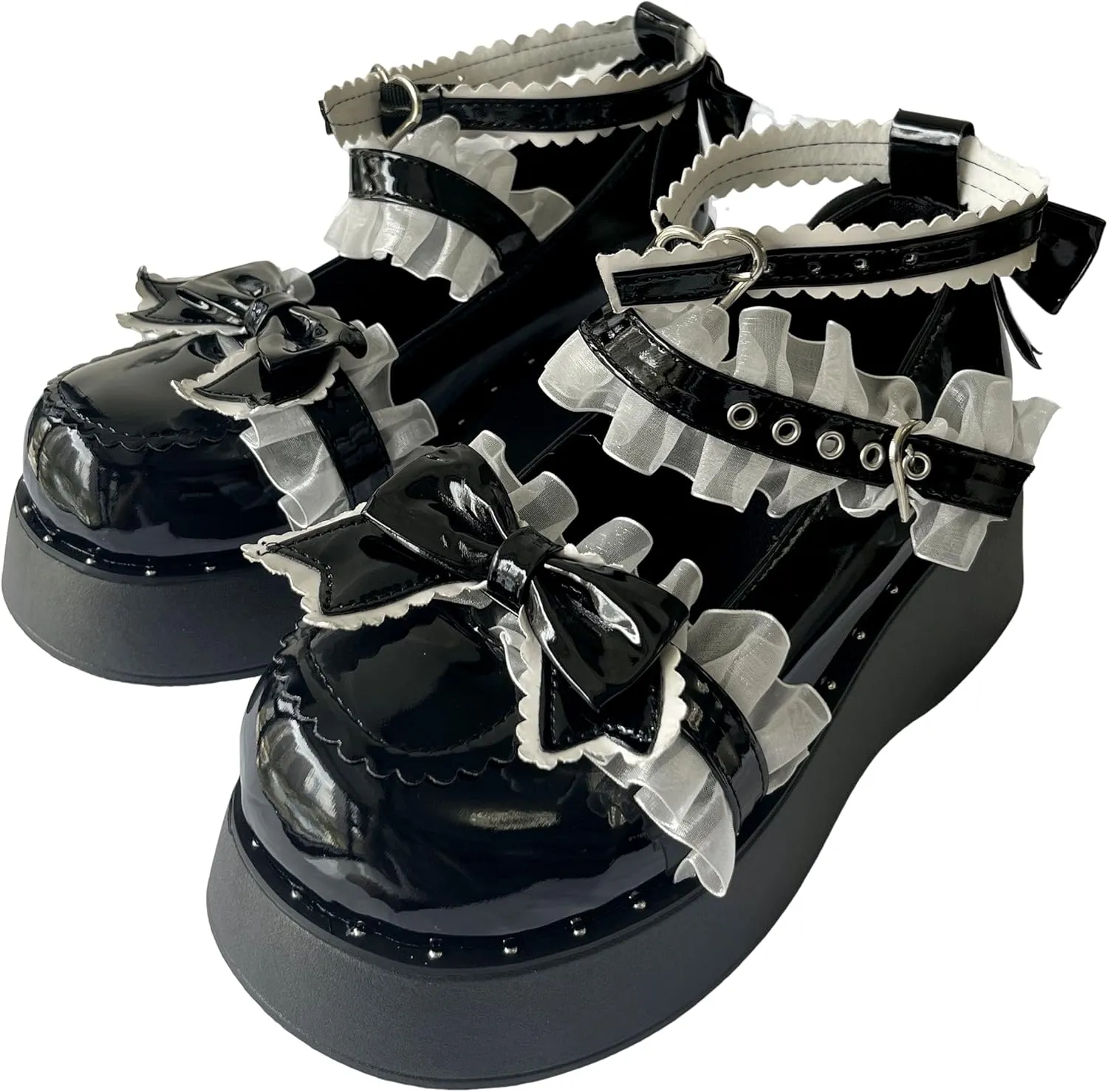 Women Y2K Kawaii Lolita Harajuku Goth Round Toe Chunky Heels White Lace Knot-Bow Decor Mary Jane Platform Shoes