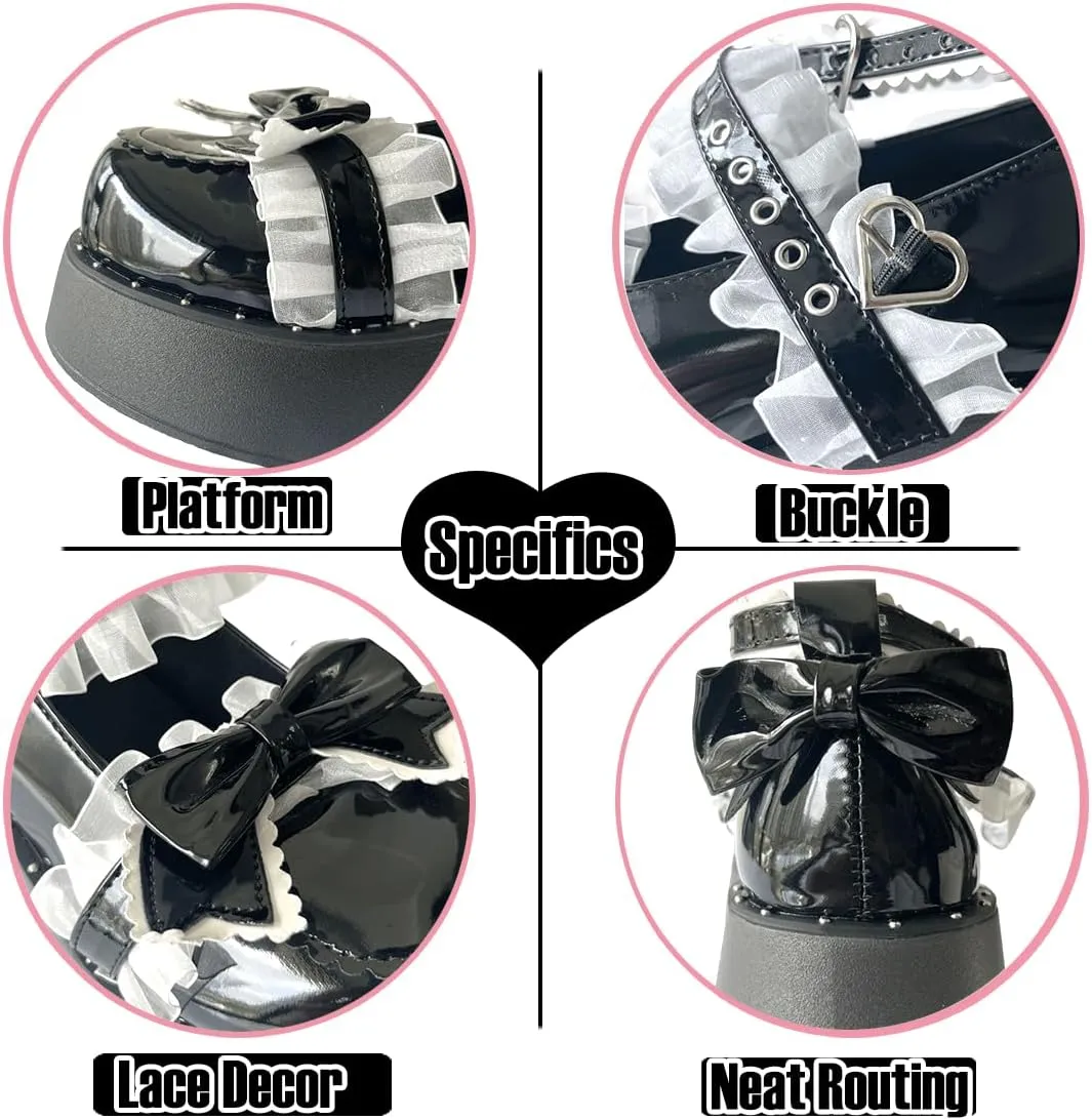 Women Y2K Kawaii Lolita Harajuku Goth Round Toe Chunky Heels White Lace Knot-Bow Decor Mary Jane Platform Shoes