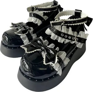 Women Y2K Kawaii Lolita Harajuku Goth Round Toe Chunky Heels White Lace Knot-Bow Decor Mary Jane Platform Shoes