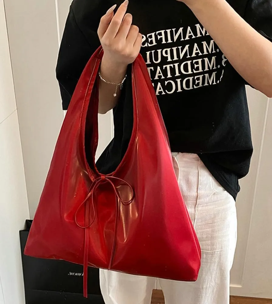 Women’s Bow-tie Shoulder Bag Summer Lightweight PU Leather Hobo Handbag Trendy Purse Fashion Tote Bag 2025