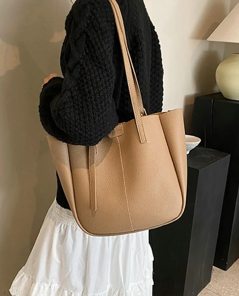 Women's Bucket Shoulder Tote Bags Fashion Large Top Handle Satchel Casual Handbags PU Leather Working Purses 2pcs