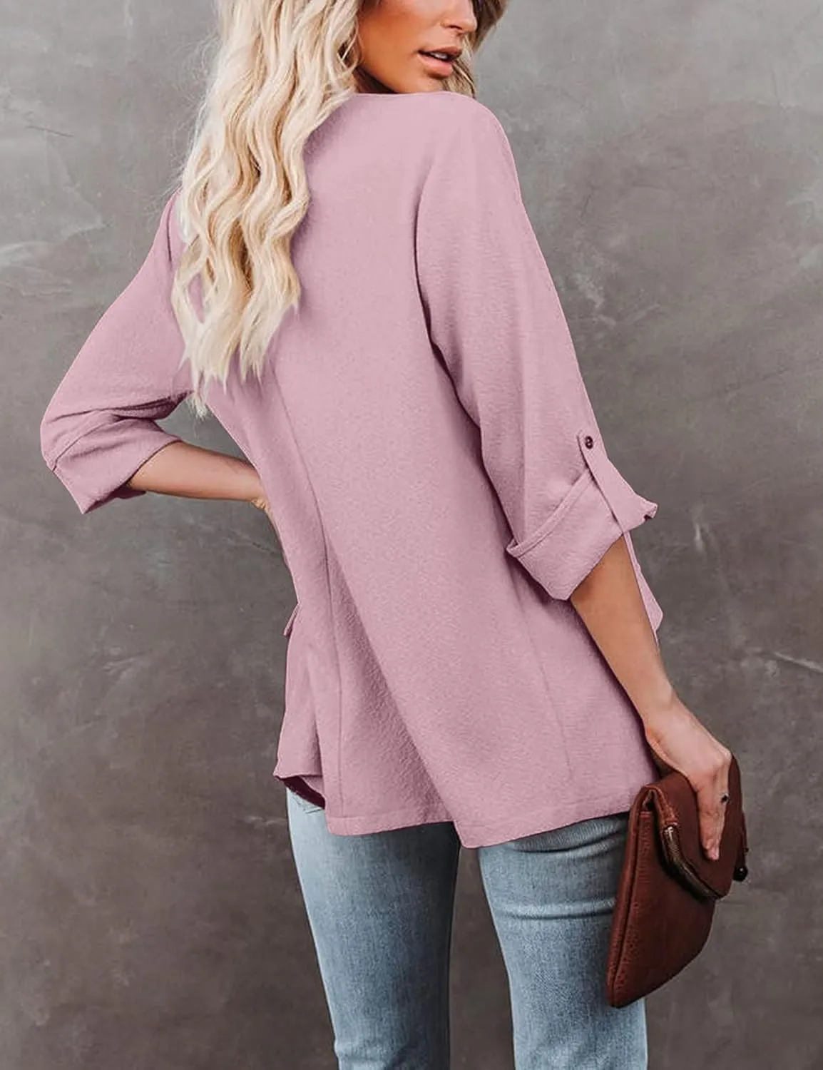 Womens Casual Blazer Jackets Roll Up Long Sleeve Open Front Work Office Business Blazers with Pockets