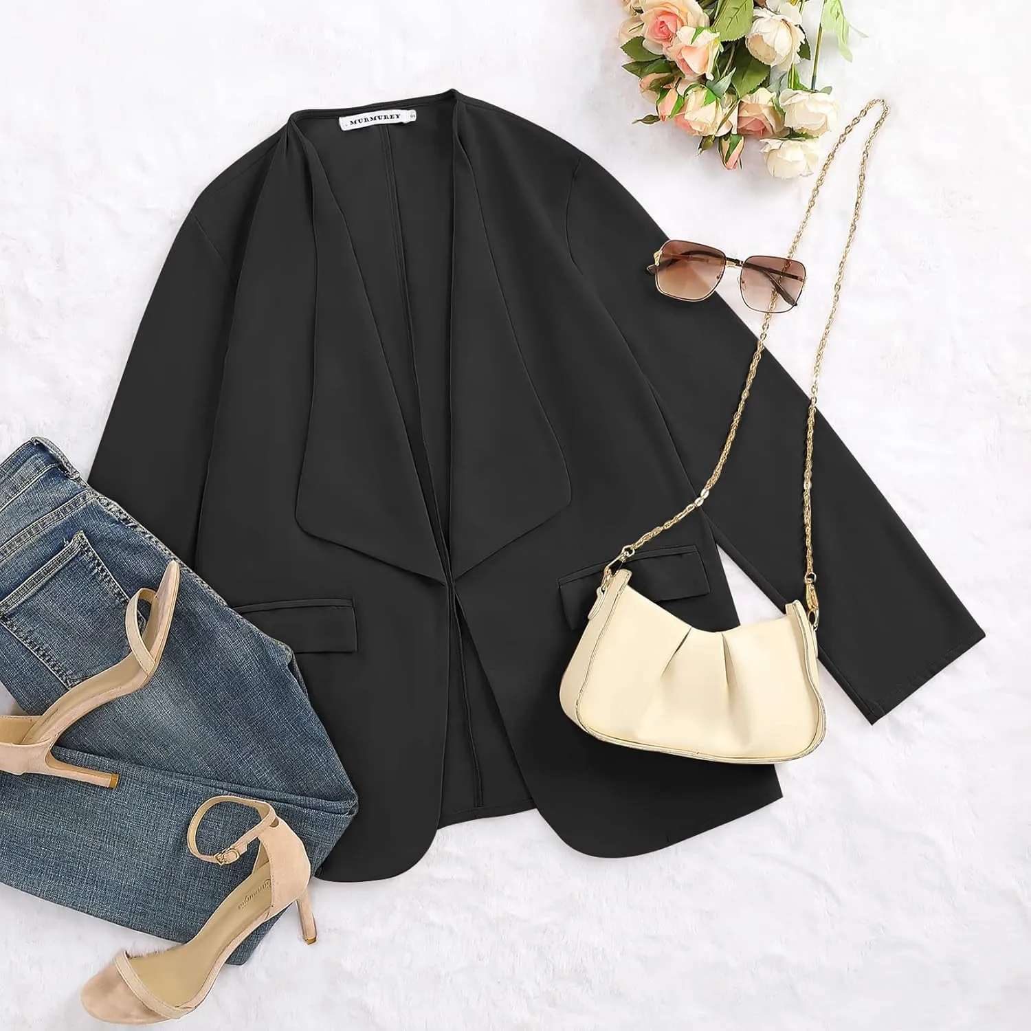 Womens Casual Blazer Jackets Roll Up Long Sleeve Open Front Work Office Business Blazers with Pockets