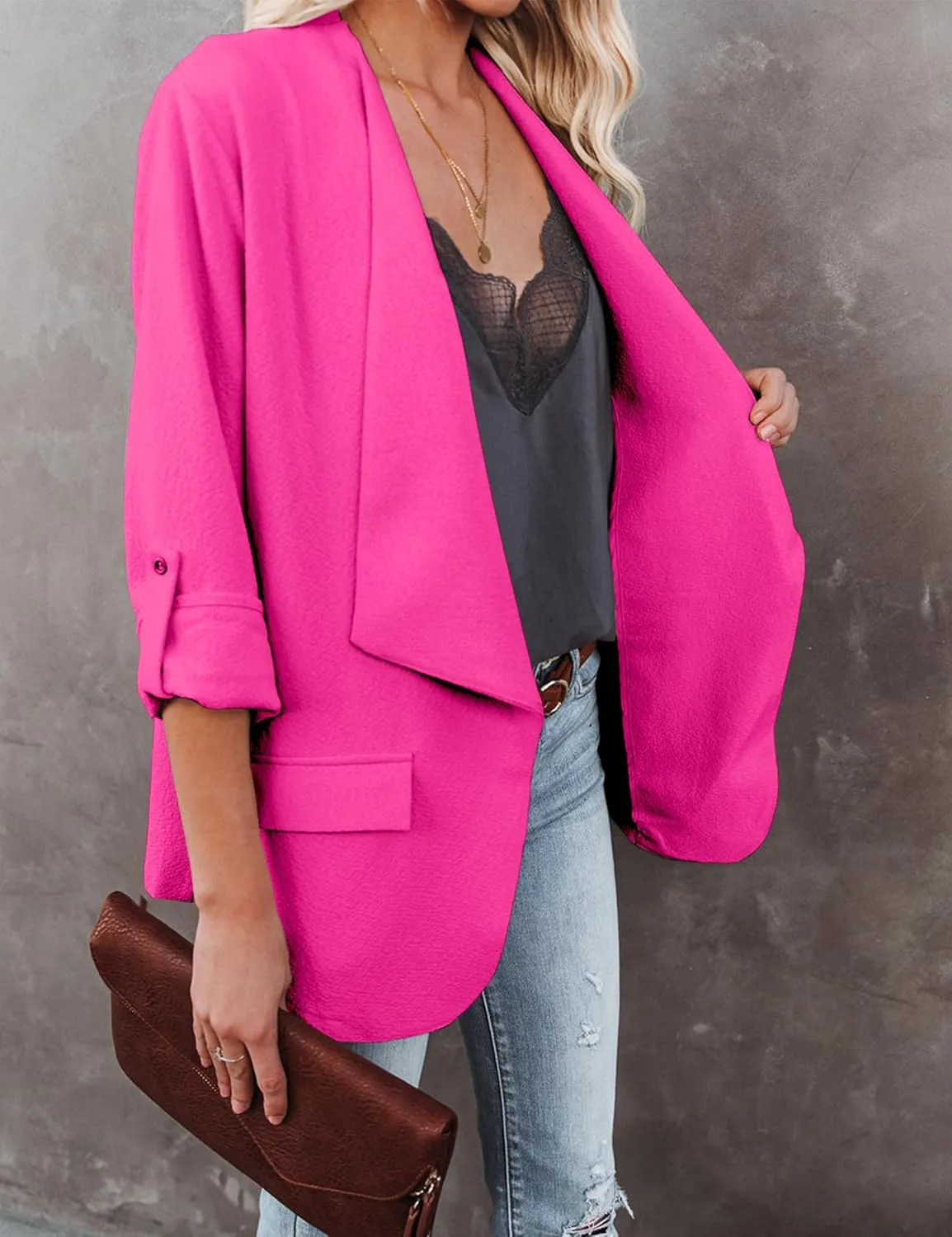 Womens Casual Blazer Jackets Roll Up Long Sleeve Open Front Work Office Business Blazers with Pockets