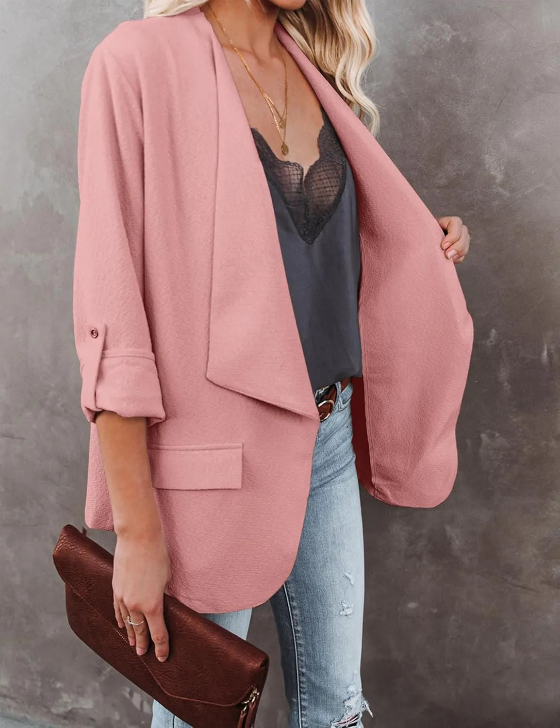 Womens Casual Blazer Jackets Roll Up Long Sleeve Open Front Work Office Business Blazers with Pockets