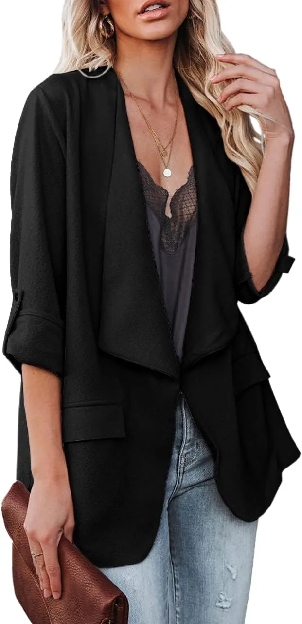 Womens Casual Blazer Jackets Roll Up Long Sleeve Open Front Work Office Business Blazers with Pockets