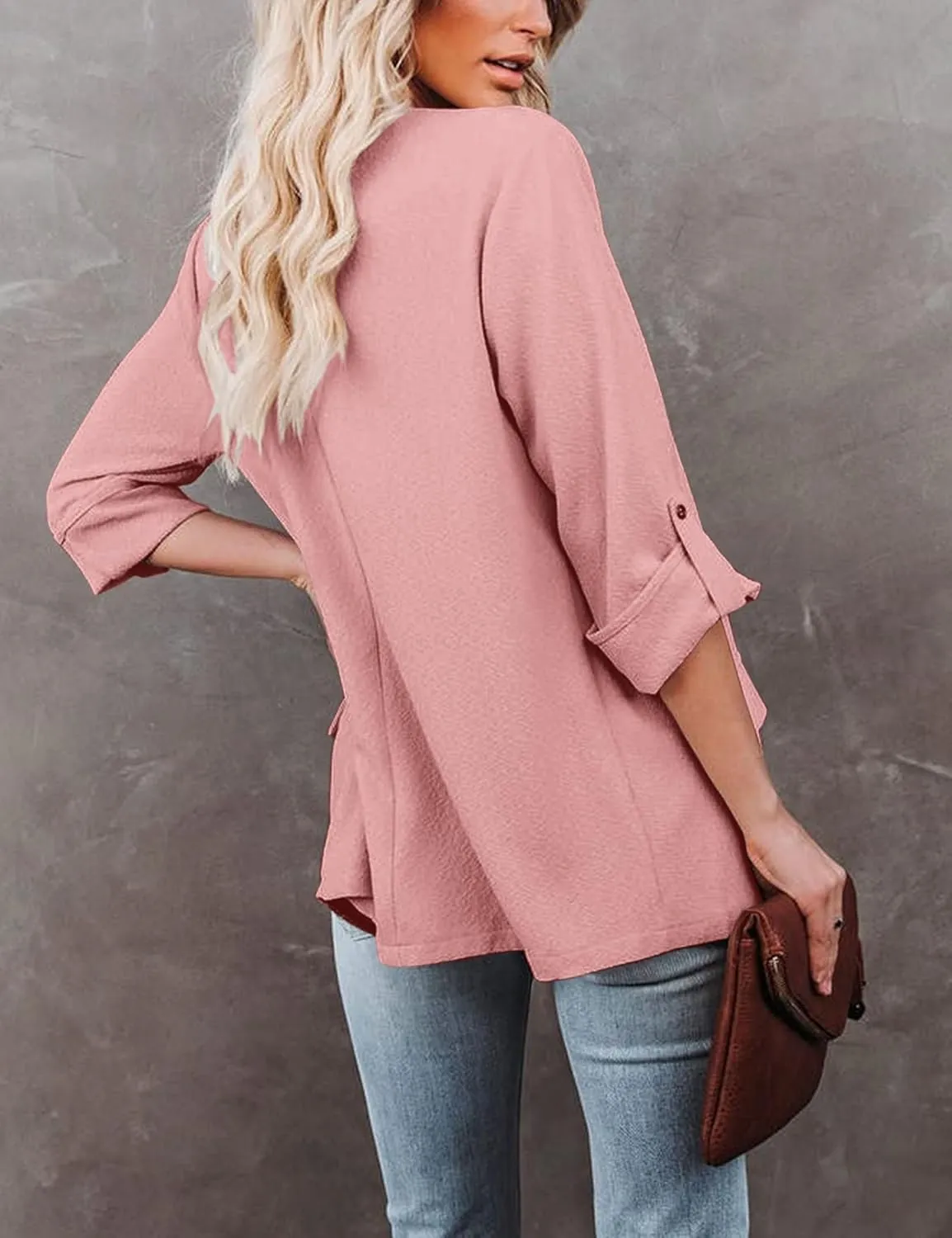 Womens Casual Blazer Jackets Roll Up Long Sleeve Open Front Work Office Business Blazers with Pockets
