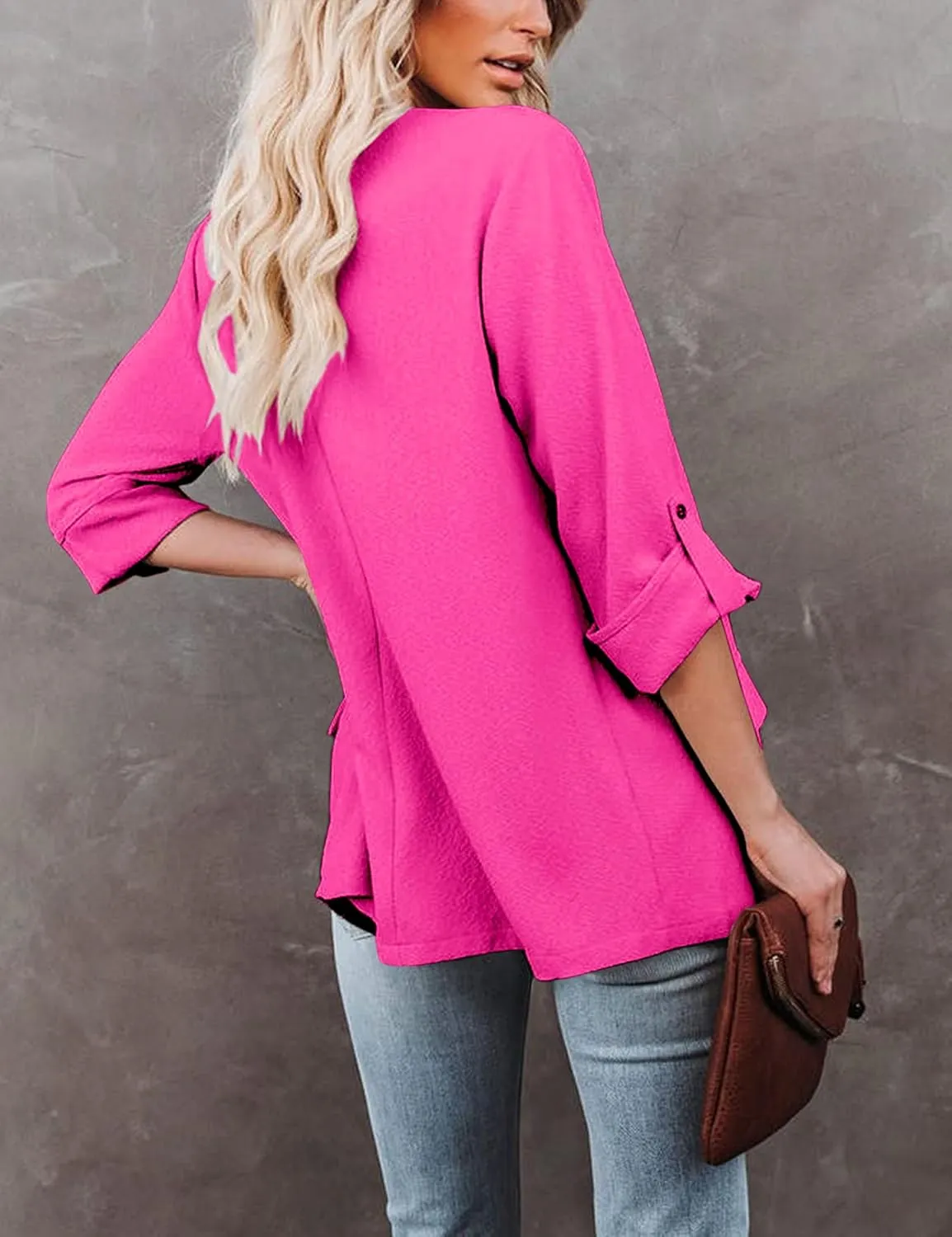 Womens Casual Blazer Jackets Roll Up Long Sleeve Open Front Work Office Business Blazers with Pockets