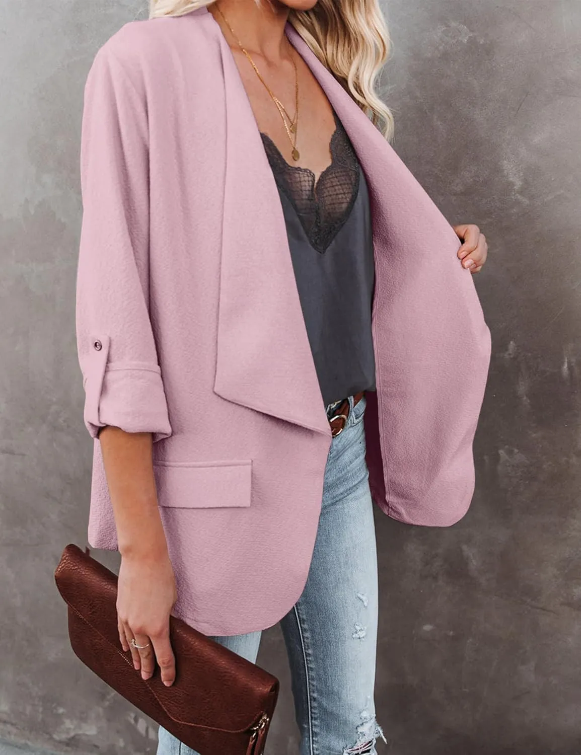 Womens Casual Blazer Jackets Roll Up Long Sleeve Open Front Work Office Business Blazers with Pockets