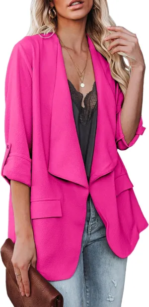 Womens Casual Blazer Jackets Roll Up Long Sleeve Open Front Work Office Business Blazers with Pockets