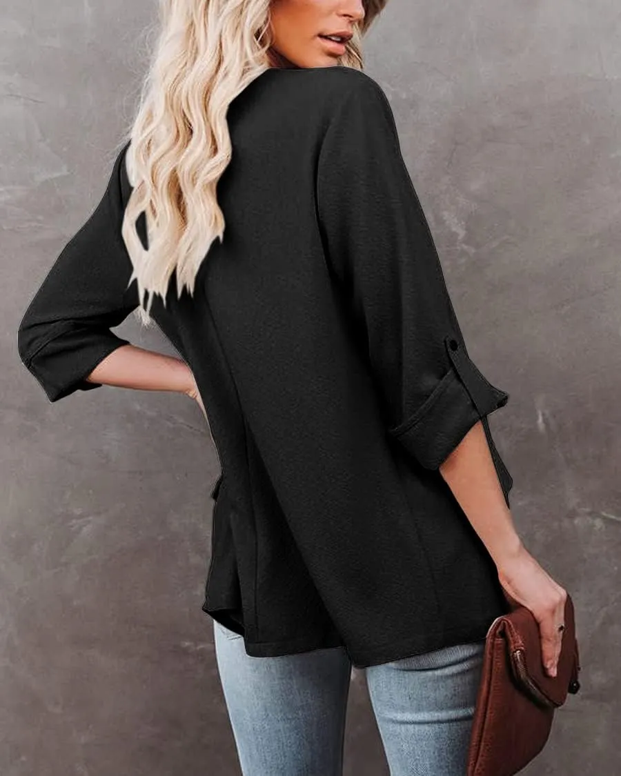 Womens Casual Blazer Jackets Roll Up Long Sleeve Open Front Work Office Business Blazers with Pockets