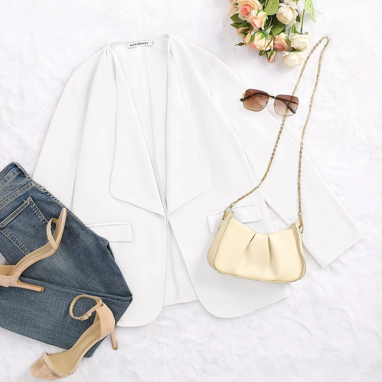 Womens Casual Blazer Jackets Roll Up Long Sleeve Open Front Work Office Business Blazers with Pockets