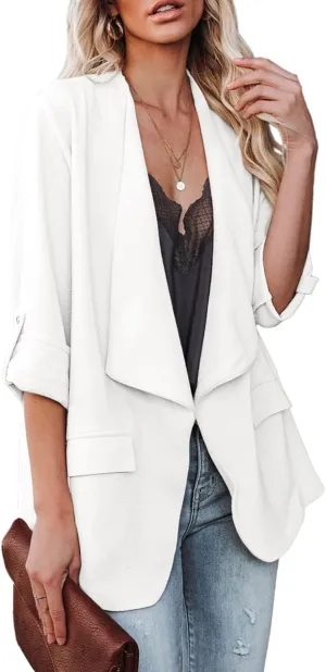 Womens Casual Blazer Jackets Roll Up Long Sleeve Open Front Work Office Business Blazers with Pockets