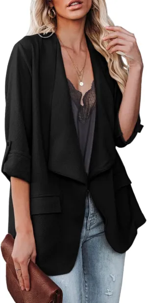 Womens Casual Blazer Jackets Roll Up Long Sleeve Open Front Work Office Business Blazers with Pockets