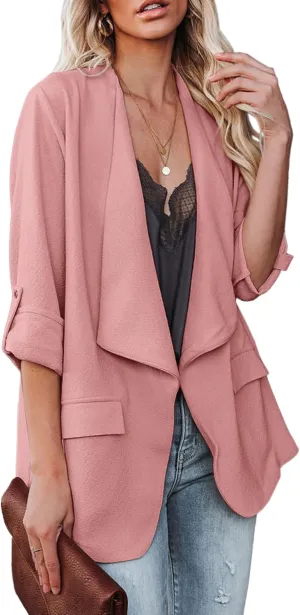 Womens Casual Blazer Jackets Roll Up Long Sleeve Open Front Work Office Business Blazers with Pockets
