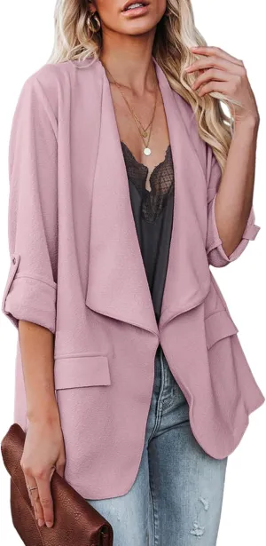 Womens Casual Blazer Jackets Roll Up Long Sleeve Open Front Work Office Business Blazers with Pockets