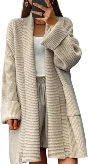 Women's Fall Casual Open Front Midi Long Cardigan Sweater Loose Fit Chunky Knit Coatigan Coat