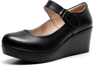 Women's Genuine Leather Platform Wedge Mary Jane Shoes Classic Round to Ankle Strap Height Increase Dress Pumps Daily Business Office Formal Shoes