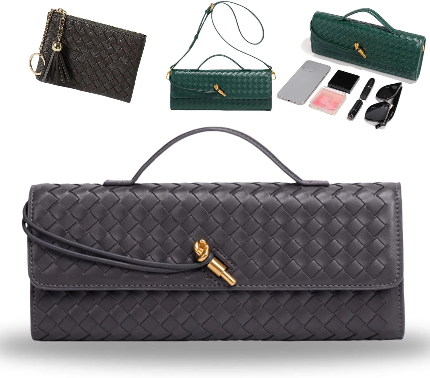 Women's Handmade Woven Evening Bag, PU Leather Handmade Clutch Purse, Fashion Crossbody Clutch Purse with Long Strap