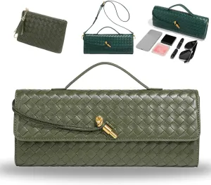 Women's Handmade Woven Evening Bag, PU Leather Handmade Clutch Purse, Fashion Crossbody Clutch Purse with Long Strap
