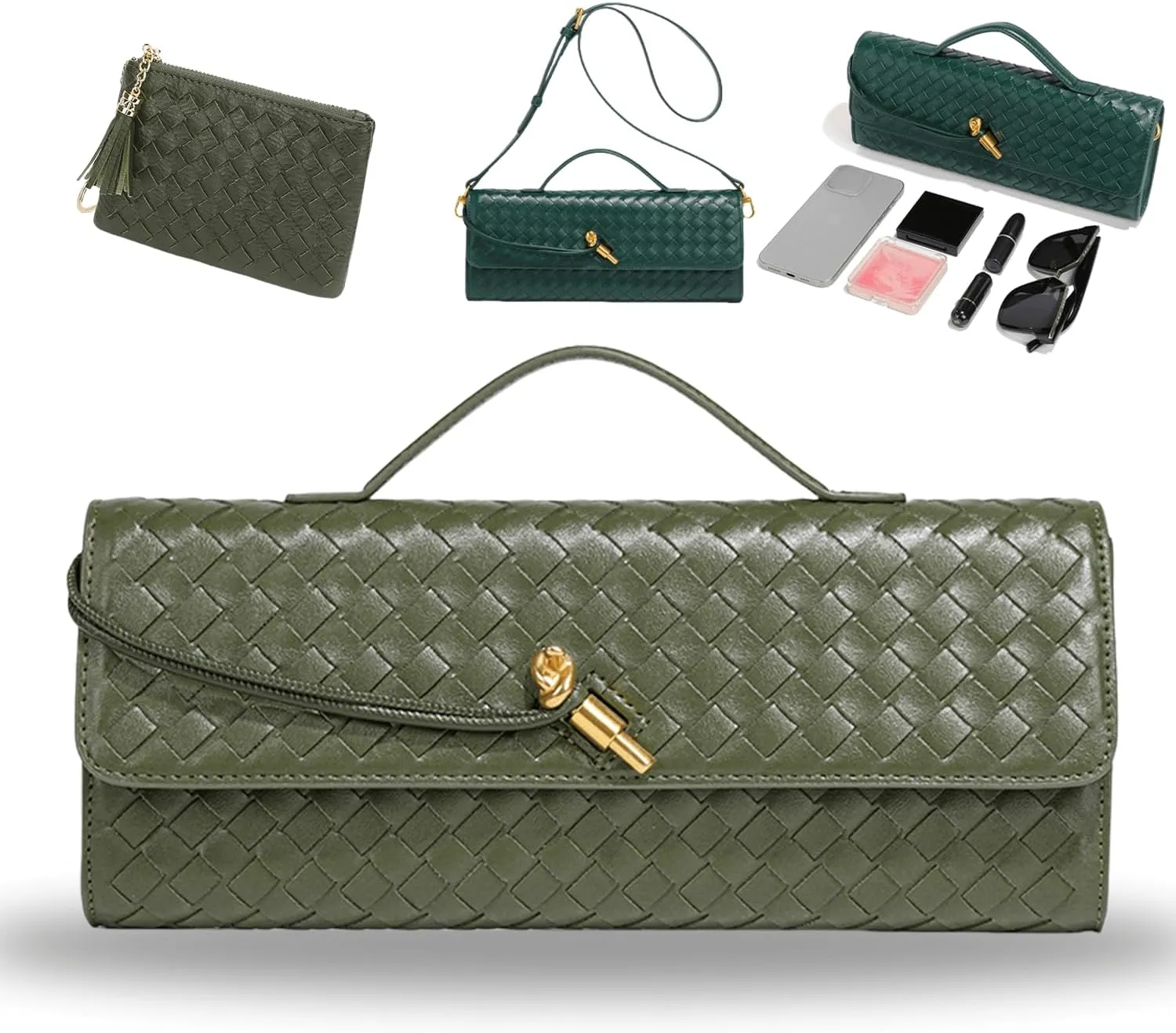 Women's Handmade Woven Evening Bag, PU Leather Handmade Clutch Purse, Fashion Crossbody Clutch Purse with Long Strap