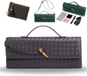 Women's Handmade Woven Evening Bag, PU Leather Handmade Clutch Purse, Fashion Crossbody Clutch Purse with Long Strap
