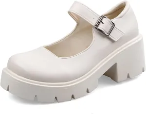 Women's Leather Chunky Platform Mary Jane Shoes Classic Round Toe Ankle Strap Chunky Heel Lug Sole Work Dress Pumps