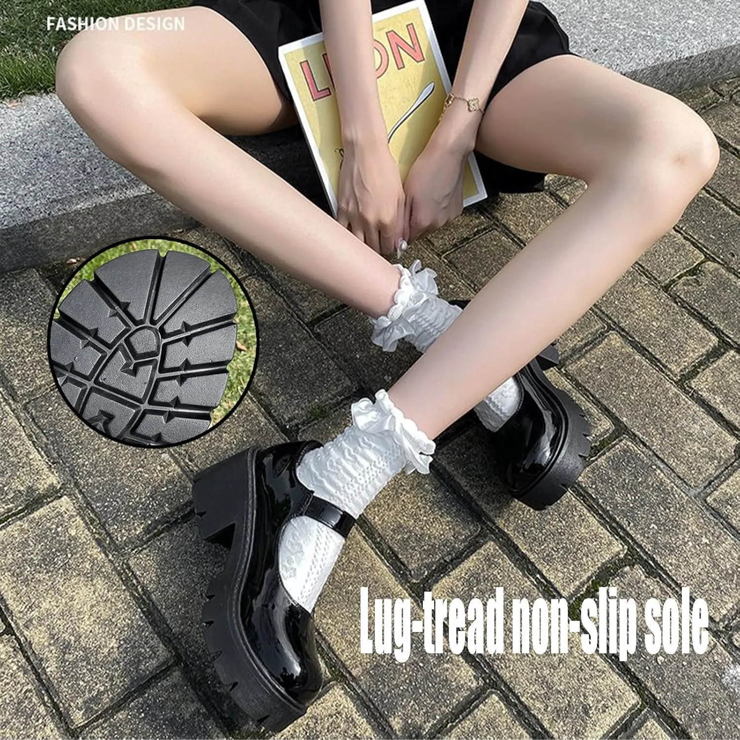 Women's Leather Chunky Platform Mary Jane Shoes Classic Round Toe Ankle Strap Chunky Heel Lug Sole Work Dress Pumps